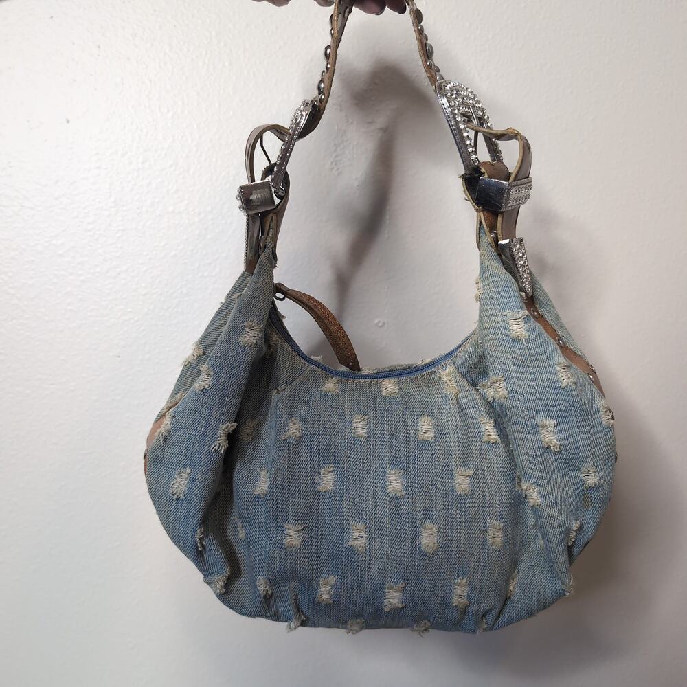 Distressed Denim Hobo Shoulder Bag with Rhinestones